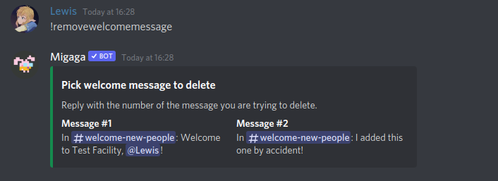 Using the command with multiple welcome messages